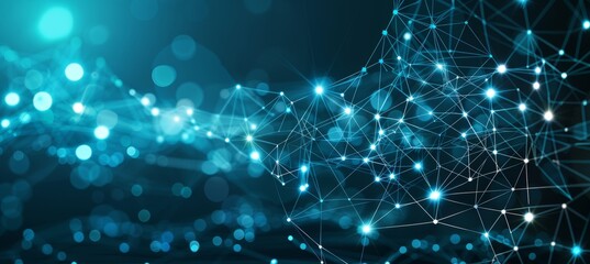 Poster - blue and green cyber nano background with ai, big data, internet network, connecting lines and dots.
