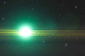 Wall Mural - abstract space background. shining green star near asteroid field with lens flare. elements of this 