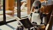 A Humanoid Robot Learning: An image of a humanoid robot engaged in a learning process, perhaps reading a book or analyzing data, showcasing the ability of AI systems to acquire knowledge and adapt