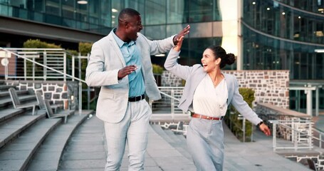 Canvas Print - Business, man and woman high five for achievement outdoors, happy and celebrate for company investment growth. Corporate employees, together and dance for victory or success, target goal and profit.