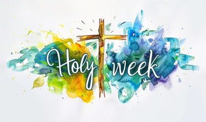 Wall Mural - holy week calligraphy text with abstract grunge cross on painted splash background.