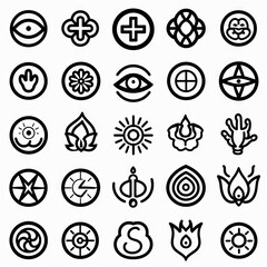 Soulful Symbols - Spiritual Signifiers. Sticker Collection. Multiple. Vector Icon Illustration. Icon Concept Isolated Premium Vector. Line Art. Black Outline. White Background.