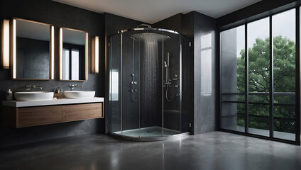 Design of a stylish bathroom with a shower cubicle and a bidet.