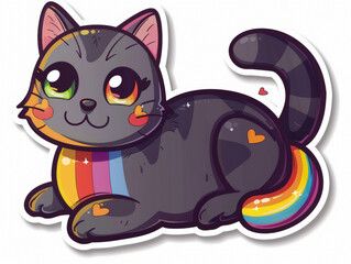  A black cartoon cat with a rainbow scarf and heart accents smiling,ai generated