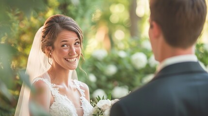 The joyful glance of a bride at her groom, filled with love and excitement, amidst a serene garden setting, presenting a lifestyle wedding concept and natural elegance