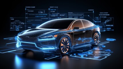 Poster - futuristic augmented reality car wireframe concept on blurred background with copy space