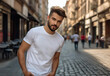 © EPDICAY - Young Model Shirt Mockup, Boy wearing white t-shirt on street in daylight, Shirt Mockup Template on hipster adult for design print