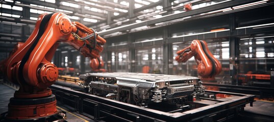 Poster - futuristic automated robotics assembly line of electric cars in modern factory setting