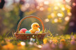 little chick in a basket with colorful eggs for easter on a green meadow on background, easter card, generative AI