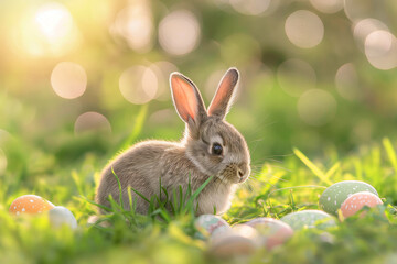 Wall Mural - little bunny in a basket with colorful eggs for easter on a green meadow on background, easter card, generative AI