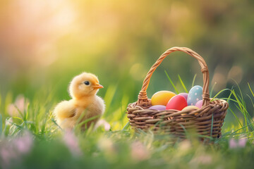 Wall Mural - little chick in a basket with colorful eggs for easter on a green meadow on background, easter card, generative AI