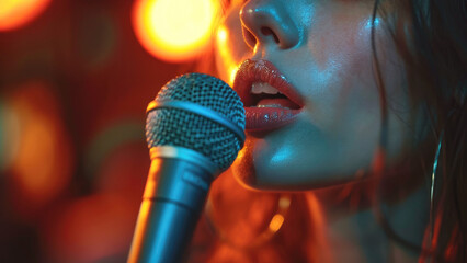 Wall Mural - A beautiful young brunette woman sings into a microphone. Pop singer, star, music.	