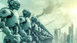 Advanced humanoid robots line-up, gazing over a futuristic metropolis under a hazy sky