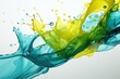 A vibrant display of aqua and yellow liquids artistically splashing together, creating an energetic and colorful abstract composition.
