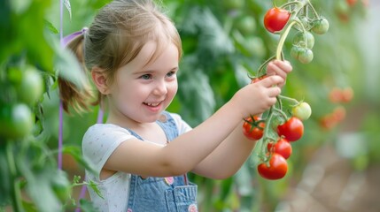 Wall Mural - Happy little girl harvesting tomatoes in a greenhouse