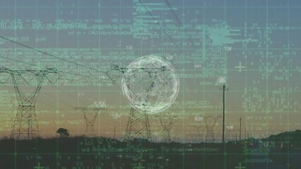 Poster - Animation of data processing with globe over electricity pylons