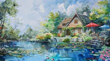A Quaint Cottage Nestled Beside A Meandering River, The Swimming Pool In Its Backyard Reflecting The Azure Sky, Adorned With Floating Lilies And Colorful Umbrellas