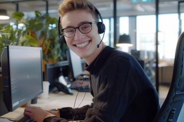 Young smiling man using a headset and computer in a modern office