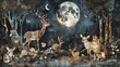 A charming illustration of deer and elk in a moonlit forest depicted in the style of romantic seascapes by Kate Schroder