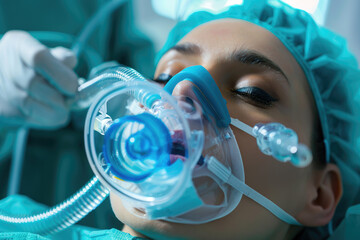 Wall Mural - anesthesiologist using oxygen mask on patient during surgery in hospital