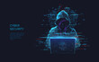 © AntonKhrupinArt - Girl hacker in a hoodie using a laptop. Abstract digital polygonal hack woman in blue on technology dark background. Cybersecurity or cyber attack concept. Computer scam. Low poly vector illustration