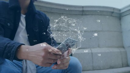 Poster - Animation of network of connections and globe over biracial man using smartphone