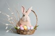 Colorful Easter Egg Basket spring sunshine. Happy easter Easter Bunny and Easter egg hunts bunny. 3d easter crafts rabbit illustration. Cute orange blaze festive card Bonnet copy space wallpaper