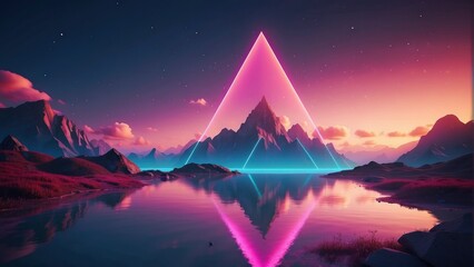 Wall Mural - 3d render. Abstract neon background with simple geometric shape, surreal landscape, mountains, calm water and glowing triangle. Virtual reality.