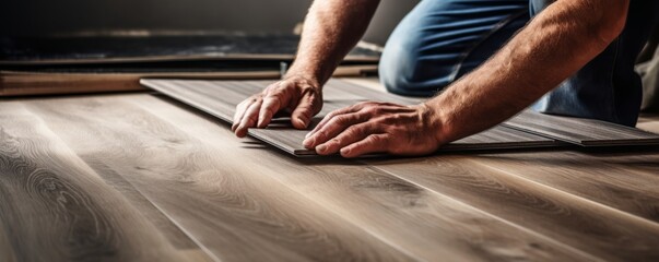 Laying the laminate floor with detail of  worker men's hands, banner job concept. Generative Ai.