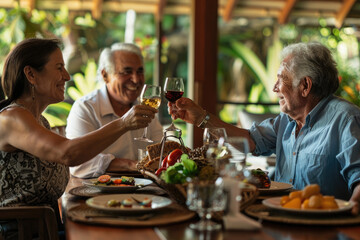 Canvas Print - Happy senior parents toasting with their friends at dining table