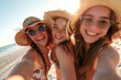 © Hunterframe - Three girls on vacation are smiling and posing for a selfie, generative ai