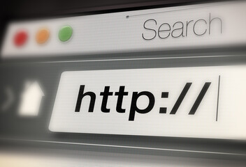 Poster - Closeup, web and url of search bar on computer screen for information, worldwide surfing and server. Homepage, html and webpage address for browsing, research download and online portal on internet