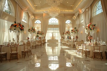 Wall Mural - Luxurious Wedding Hall with Elegant Chandeliers. Generative AI