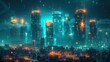 Abstract Futuristic Cityscape with Digital Code Rain Effect. Technology background. Generative AI