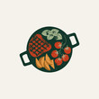 Beef steak with potatoes and tomatoes. Meat and vegetables on a frying pan. Vector illustration