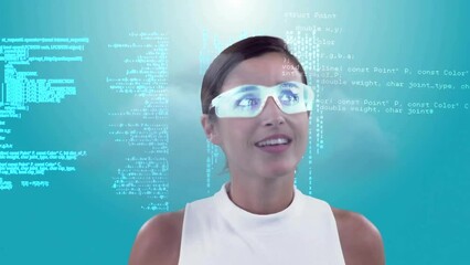 Poster - Animation of caucasian woman in vr glasses over data processing
