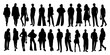 Silhouettes of diverse business people, men and  women standing, walking full length, front, side view. Vector black monochrome outline illustrations isolated on transparent background.