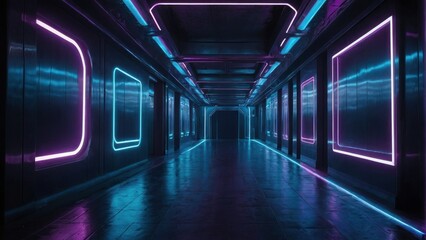 illustration of abstract background of futuristic corridor with purple and blue neon lights