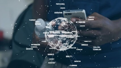 Poster - Animation of global network processing data over midsection of african american man using smartphone