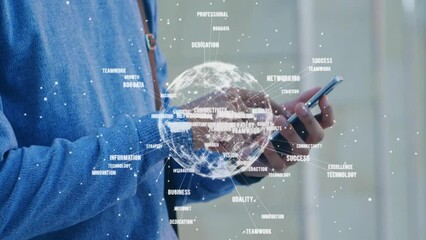 Poster - Animation of global network processing data over midsection of biracial man using smartphone