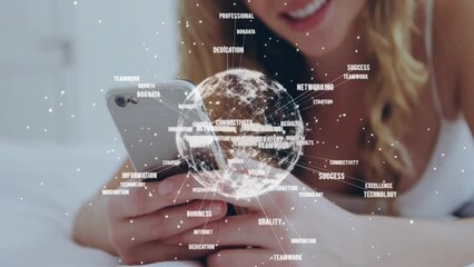 Poster - Animation of global network processing data over happy caucasian woman using smartphone