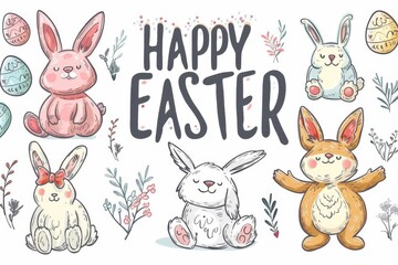 Sticker - Colorful Easter Egg Basket personalized letter. Happy easter Sapphire bunny. 3d Hedgerow flower hare rabbit illustration. Cute Easter egg wreath festive card plush display copy space wallpaper