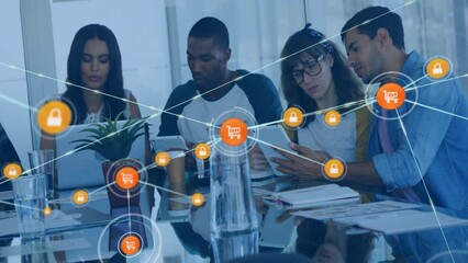 Poster - Animation of network of connections with icons over diverse colleagues having meeting in office