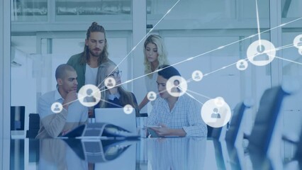 Poster - Animation of network of connections with icons over diverse colleagues having meeting in office