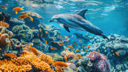 Wall Mural - Underwater wildlife panorama Coral reef with wild dolphins and fishes