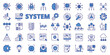 System business icons in line design, blue. System, business, process, management, strategy, efficiency, technology isolated on white background vector. System business editable stroke icons.