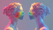 3d rendered female statues looking at each other wearing rainbow mask, conceptual image for pride month. generative ai