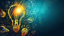 Abstract startup and innovation background with lightbulb motifs and doodles
