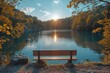 Serene lake view with an inviting bench under the autumn-colored trees as the sun sets
