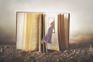 surreal girl flies inside a book through a surreal window, abstract concept